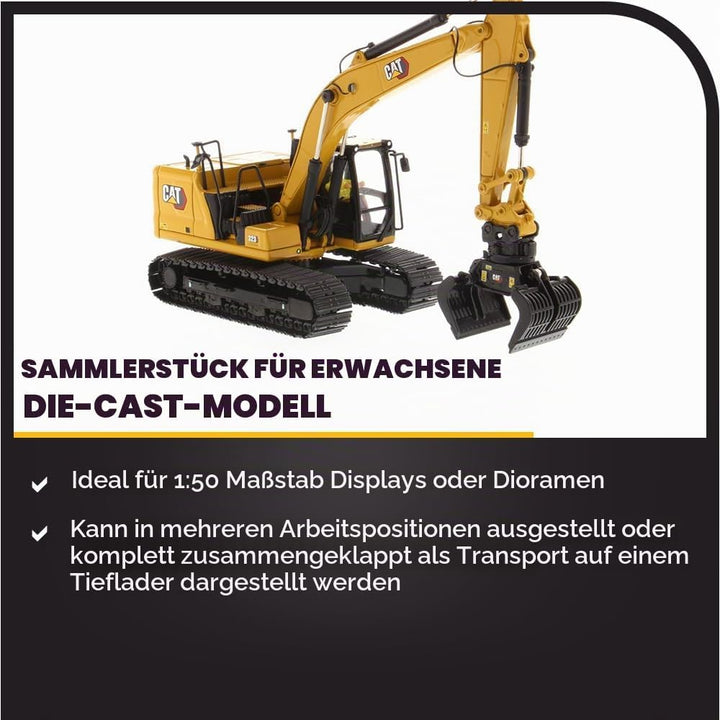 Diecast Masters 85657 - Caterpillar Bagger mit 4 Werkzeugen 323 HEX, Massstab 1:50, ca. 9,5 x 3,4 x