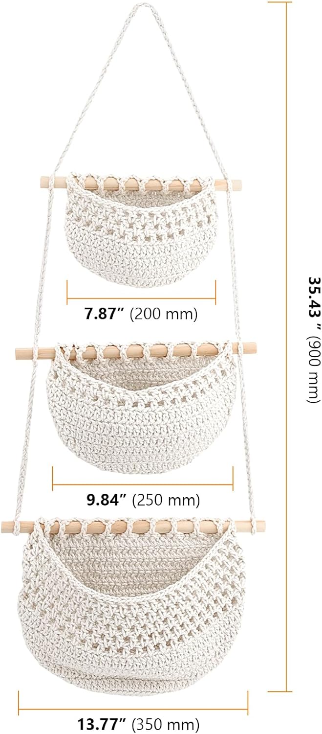 CHUEHKAK Hängende Obstkörbe (3er Set) - Boho gewebte Aufbewahrungstaschen für Küchenwand und Badezim