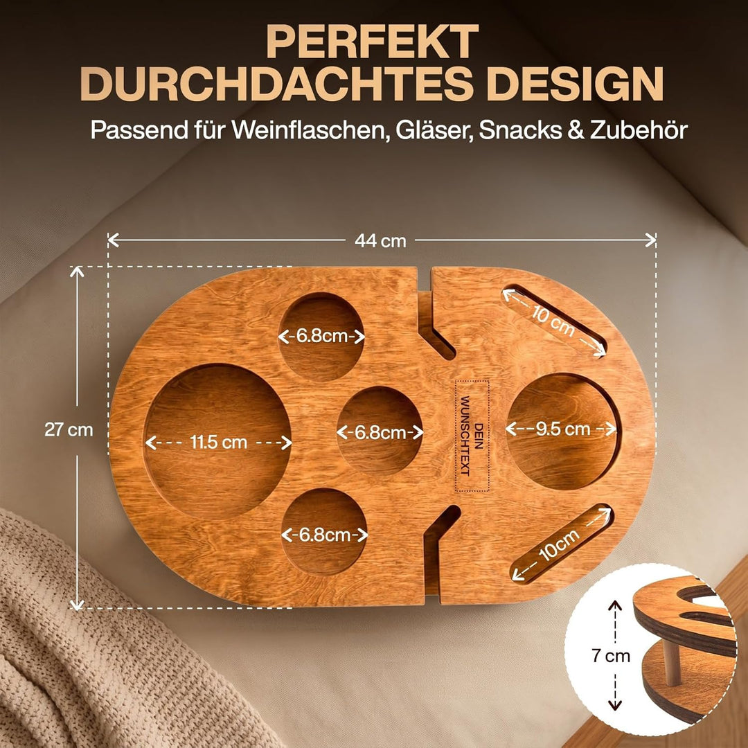 Couchbar Weinbar in Eiche mit 4 Glasschalen | PERSONALISIERBAR | Snackbox für Wein mit Getränkehalte