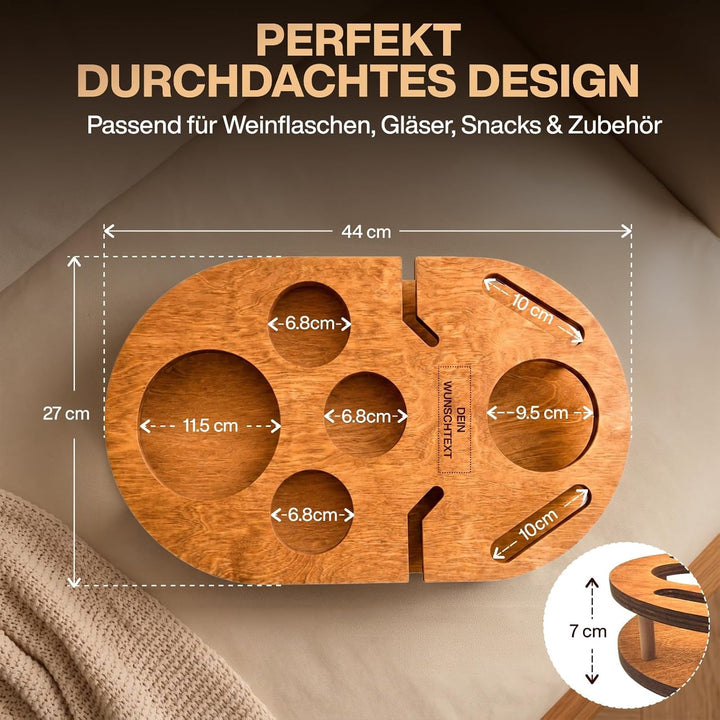 Couchbar Weinbar in Eiche mit 4 Glasschalen | PERSONALISIERBAR | Snackbox für Wein mit Getränkehalte