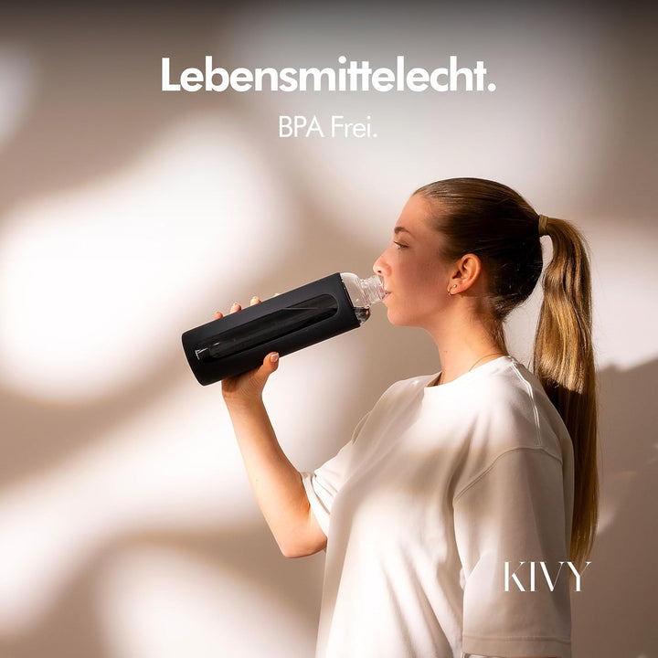 KIVY Glas Trinkflasche 1l mit Silikonschutz [KOHLENSÄURE GEEIGNET] Glasflasche 1 Liter - Wasserflasc