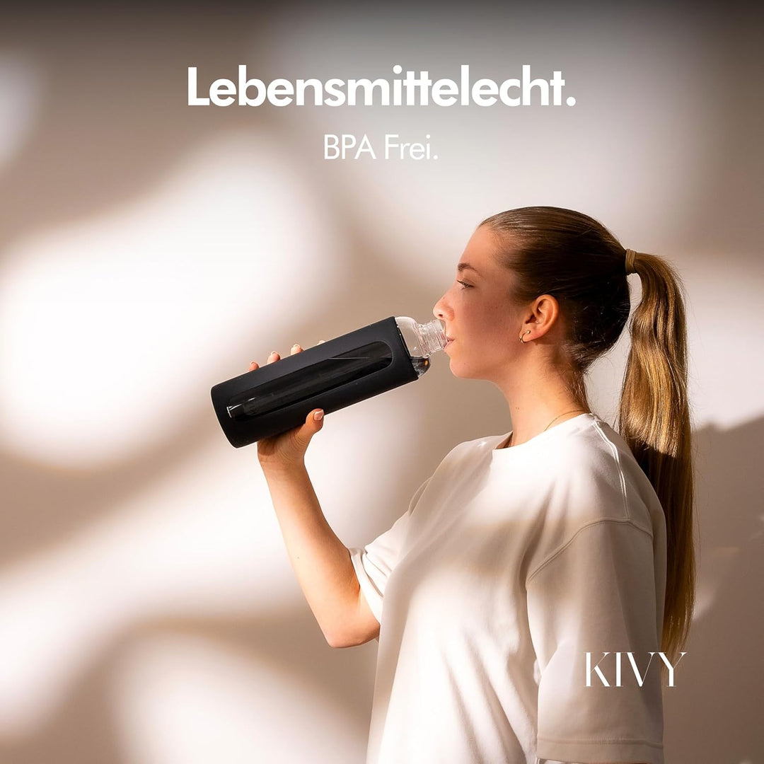 KIVY Glas Trinkflasche 1l mit Silikonschutz [KOHLENSÄURE GEEIGNET] Glasflasche 1 Liter - Wasserflasc