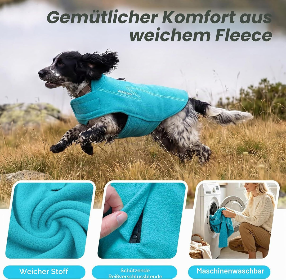 VIVAGLORY Wintermantel Hund Cozywrap Hundemantel Fleecemantel, XS, Türkis | Reflektierend &amp; Softshel