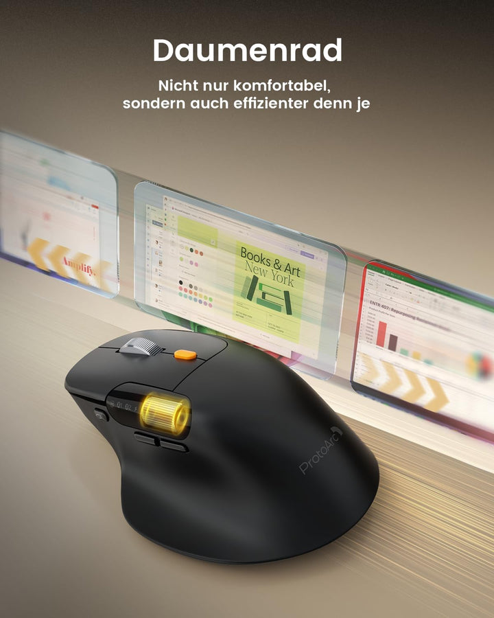 ProtoArc EM25 Ergonomische Maus mit Schnelles Scrollen, 2.4G Kabellos + 2*Bluetooth Wiederaufladbare