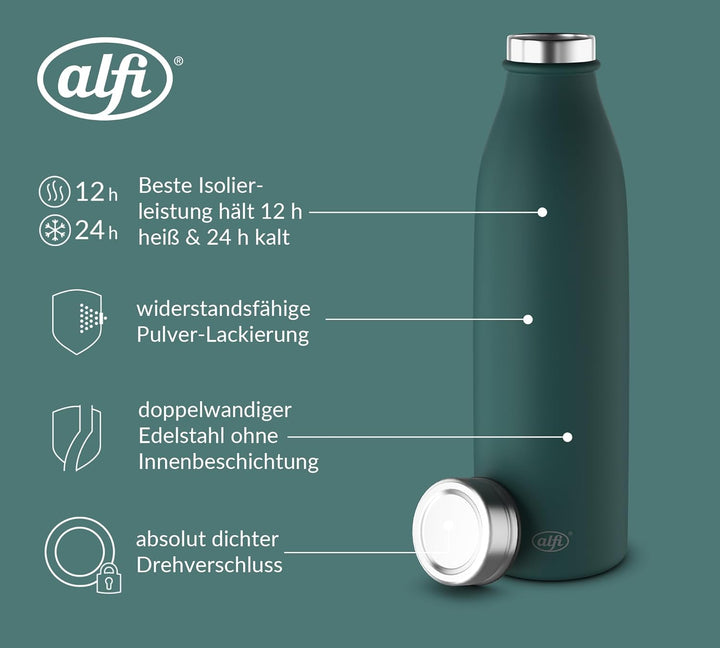 alfi PURE BOTTLE 750ml, dunkelgrün, pine green, Isolierflasche aus Edelstahl, kohlensäurefest, 12h h