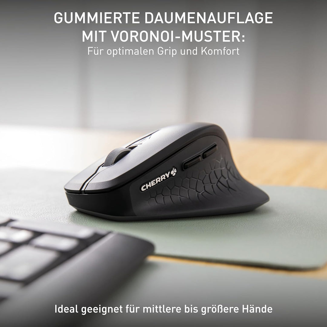 CHERRY STREAM MOUSE COMFORT, Kabellose Ergonomische Maus mit Gummierter Daumenauflage, Speziell für