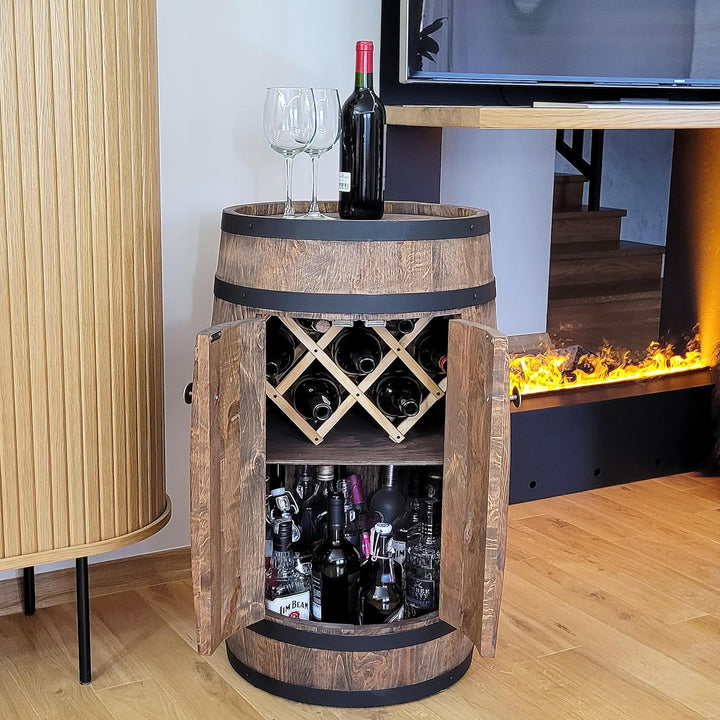 weeco Fassbar mit Tür und Weinhalter - Weinregal. Fass Hausbar Weinrack 80 cm. Rustikaler deko Barsc