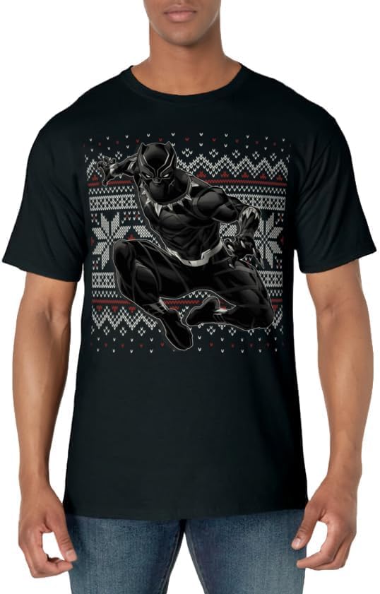 Mens Marvel Black Panther Crouch Ugly Christmas Sweater T-Shirt Small Black