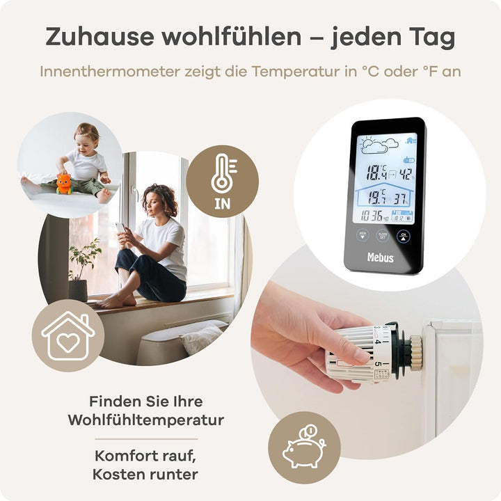 Mebus Wetterstation mit Aussensensor, zeigt Temperatur und Luftfeuchtigkeit innen und aussen, mit We