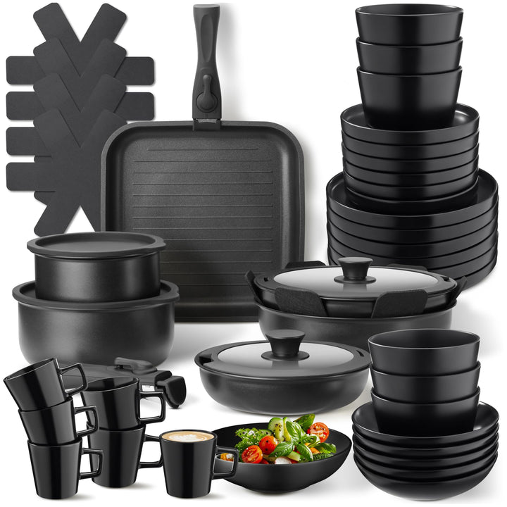 tectake® 47-tlg. Küchenstarterset, Steingut Geschirrset 6 Personen, Tassen, Teller Set, 2x Kochtopf,