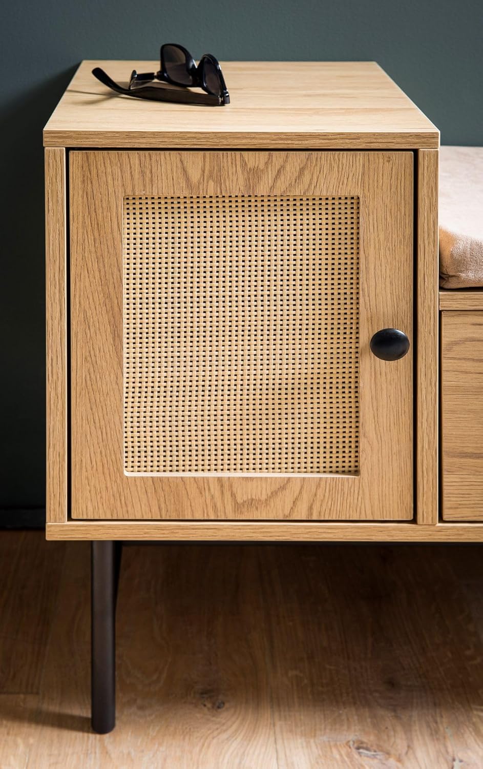 Wohnling Schuhbank mit Sitzfläche 100x60x38 cm Garderobenbank Eiche-Dekor, Sitzbank Rattan Klein Gep