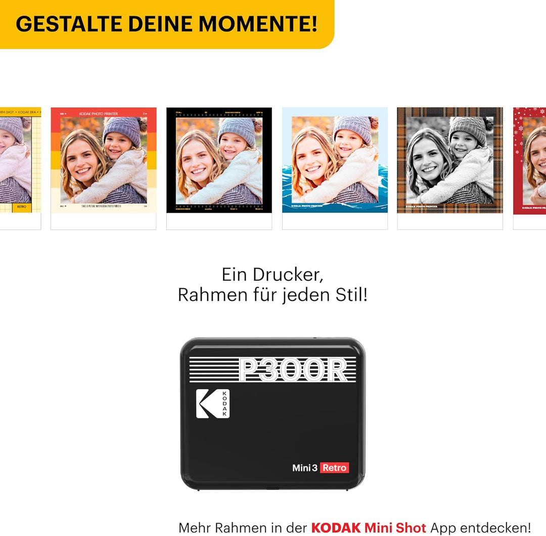 KODAK Mini 3 Retro 4PASS Mobiler Fotodrucker (7,6x7,6cm) - Schwarz s Schwarz, s Schwarz