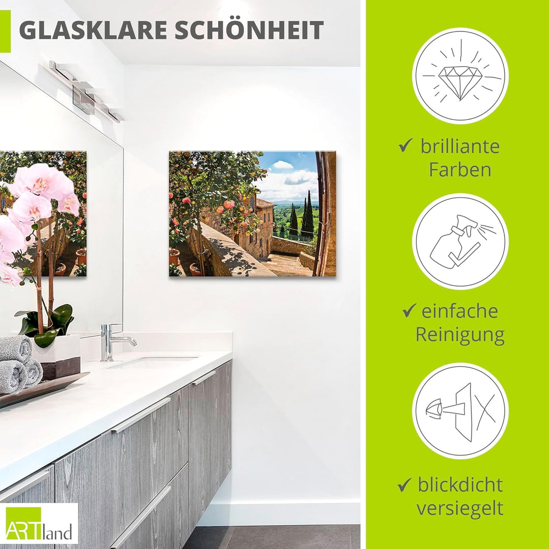 Glasbilder Wandbild Glas Bild einteilig 80x60 cm Querformat Toskana Italien Natur Landschaft Garten