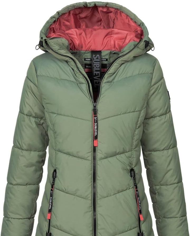 Sublevel Damen Jacke Steppmantel LSL-412 mit gefütterter Kapuze L agave green, L agave green