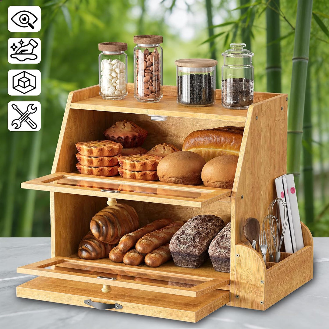 HOOBRO 2-stöckiger Brotkasten Bambus mit Schneidebrett und Besteckhalter, Brotbox mit Acryltüren, Br