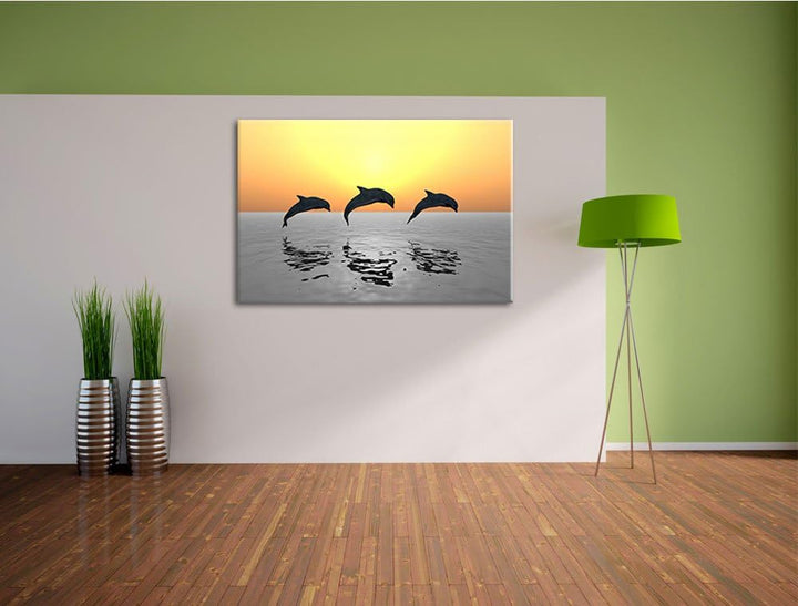 schöne Delfine beim springen schwarz/weiss Format: 100x70 auf Leinwand, XXL riesige Bilder fertig ge