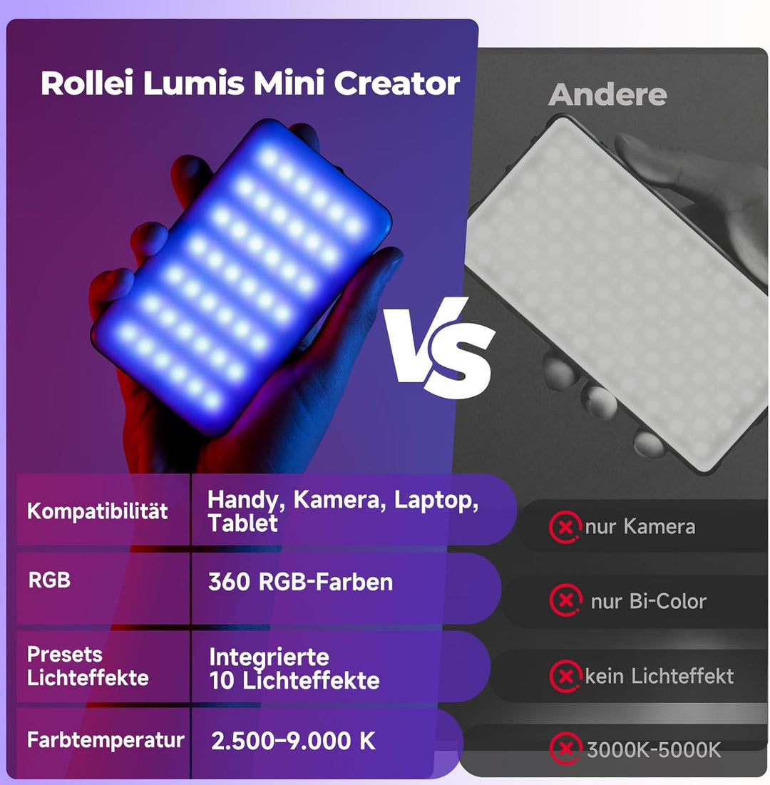 Videoleuchte, Rollei Lumis Mini Creator LED Dauerlicht Fotografie Kompatibel mit Kamera Handy Tablet