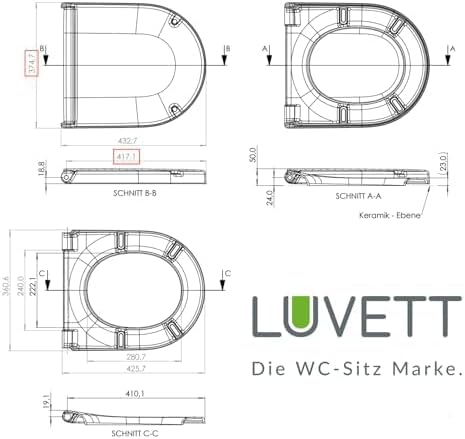 LUVETT® WC-Sitz D230 D-Form Weiss mit Absenkautomatik SoftClose, EasyClean (abnehmbar), Duroplast, e
