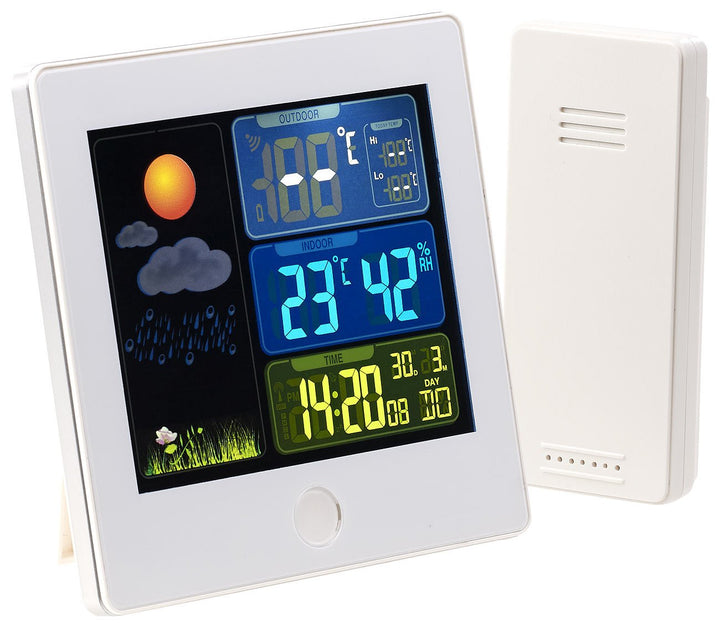 infactory Tischuhren: Funk-Wetterstation mit Aussensensor, Farbdisplay, Funkuhr, Wecker, weiss (Funk