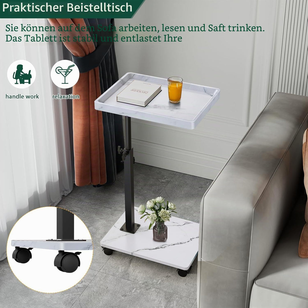 Beistelltisch mit Rollen, Beistelltisch Höhenverstellbar haben 360° Rotierend, C-Form Sofa Tisch für