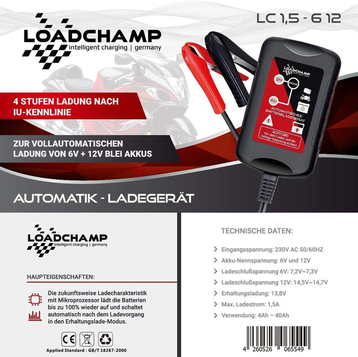 Loadchamp Automatik 6V 12V 1,5A (1500mAh) Batterie Ladegerät Blei Akku Motorrad KFZ NASS AGM Gel