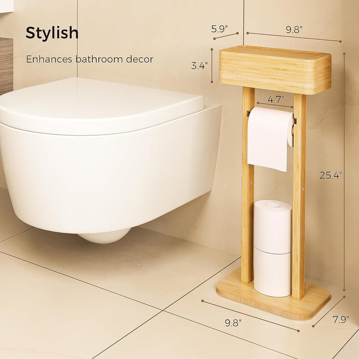 Wealone 4-in-1 Freistehender Toilettenpapierhalter mit Oberem Ablagefach, Bambus Klopapierhalter Ste