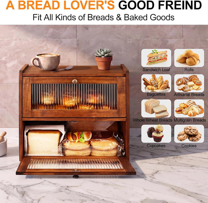 Brotkasten Holz, 2 Etagen Gross Brotbox mit Belüftungsloch, Längere Frische & Einfache Pflege, Küche