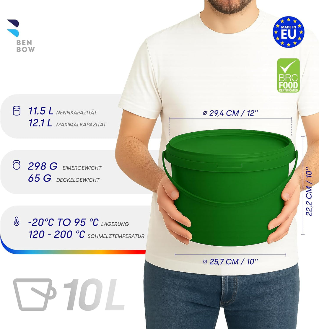 BenBow Eimer mit Deckel 10l grün 20x 10 Liter - lebensmittelecht, stabil, luftdicht, auslaufsicher,