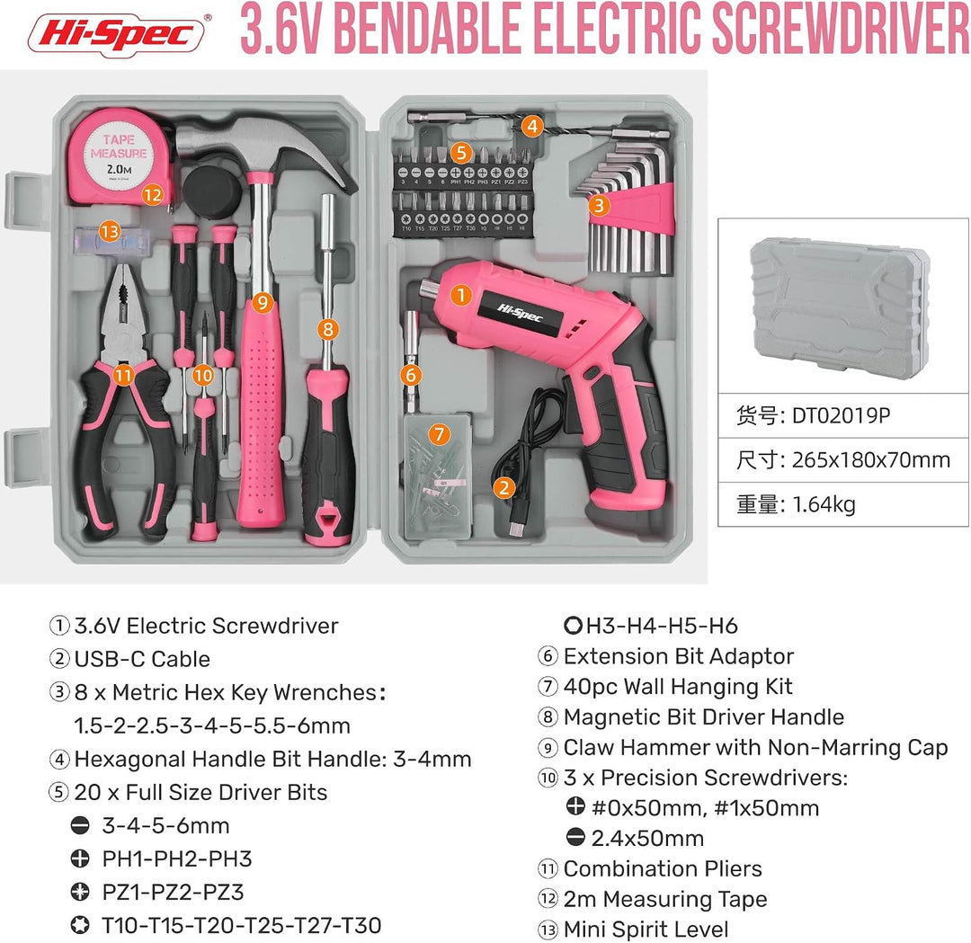 Hi-Spec 42tlg. Werkzeugkoffer mit kleinem 4V. Akkuschrauber und Haushaltswerkzeugen. Komplettes Werk