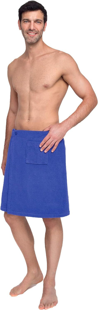 Lashuma Männer Saunakilt Blau, Baumwoll Saunarock mit Tasche und Knöpfen, anpassbarer Sauna Sarong L