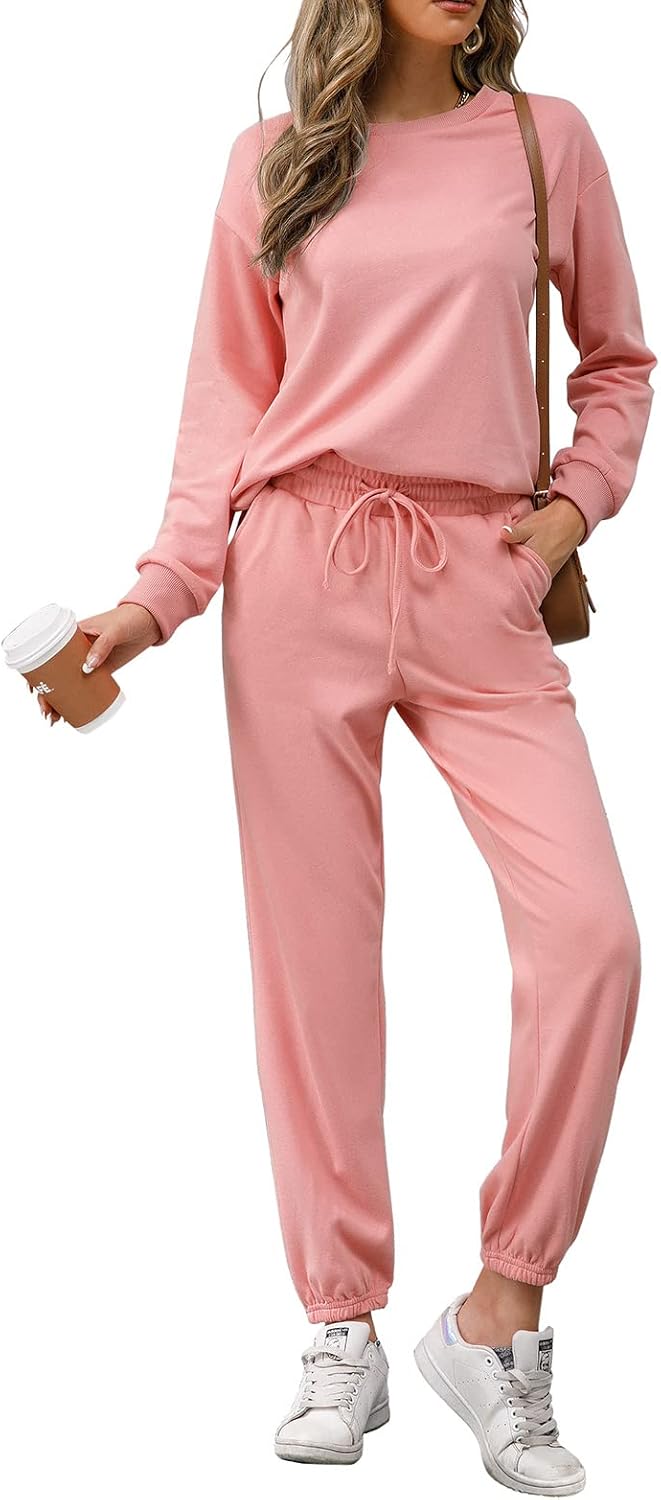 REORIA Damen Tracksuit Langarm Rundhalsausschnitt Einfarbig Zweiteiler Outfit Hoodie Jogger Training