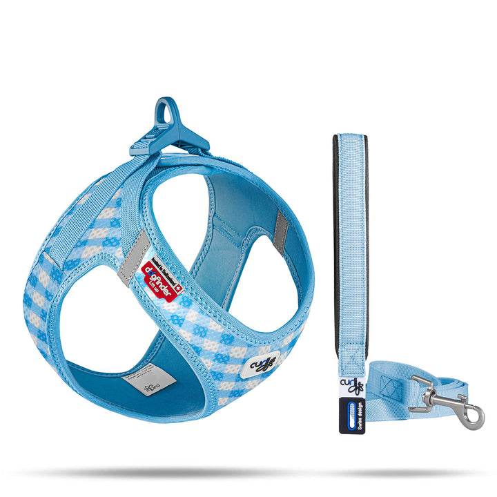 Vest Harness curli Clasp Air-Mesh SkyBlue-Caro M & Leash L, Skyblue-Caro M