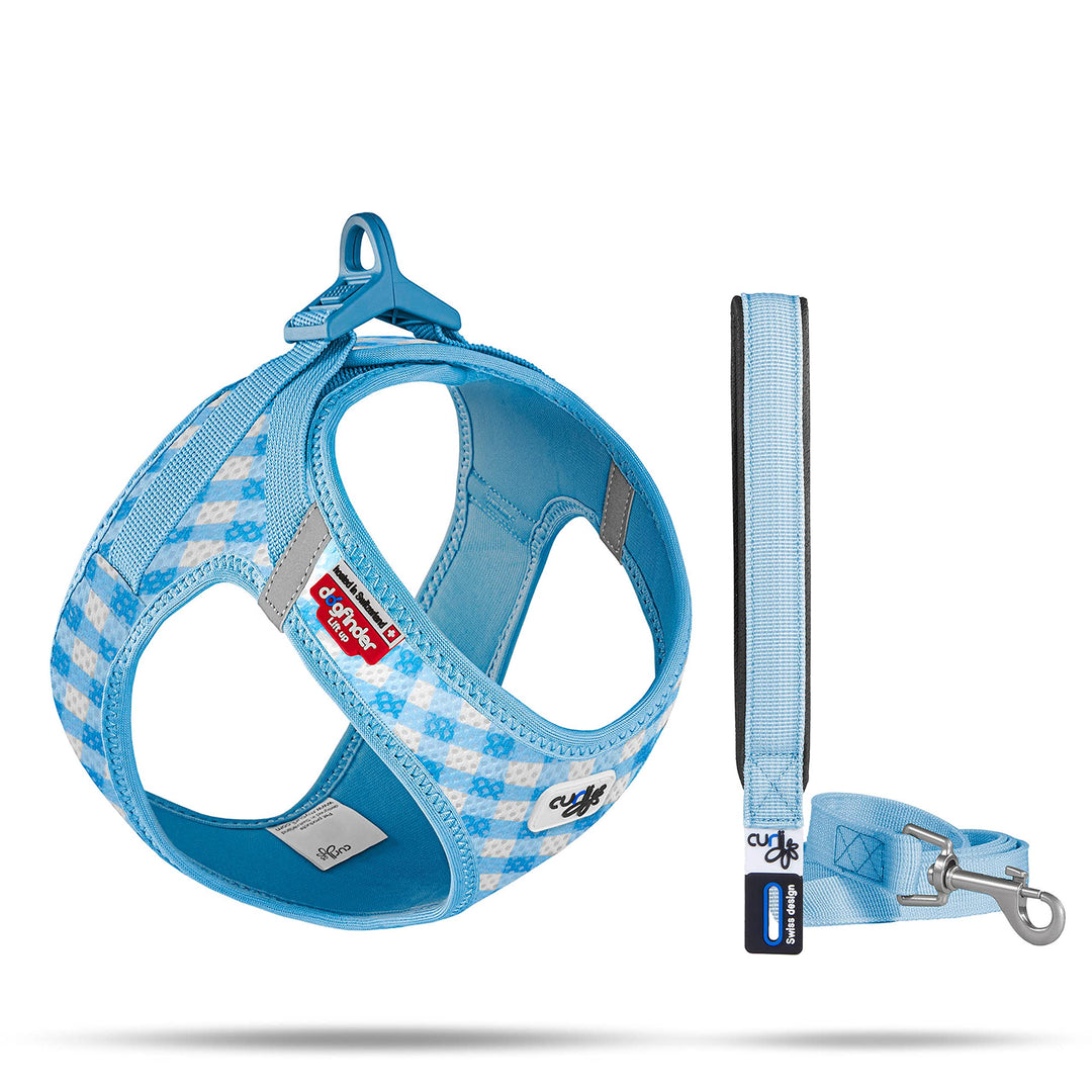 Vest Harness curli Clasp Air-Mesh SkyBlue-Caro 2XS & Leash M, Skyblue-Caro 2XS