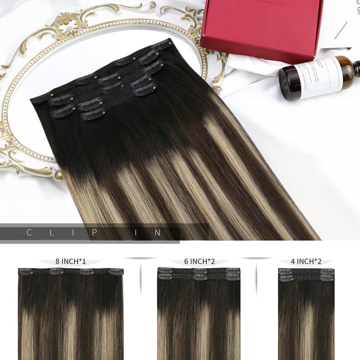 Moresoo Clip Extensions Echthaar Schwarz zu Braun Haarverlängerung Echthaar Clip in Extensions Schwa