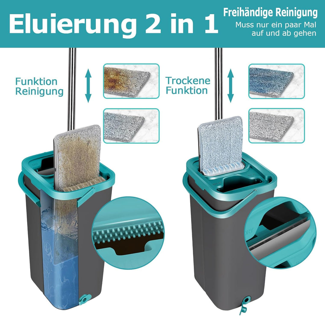 Masthome Wischmopp Set mit Eimer, Putzeimer mit Flachmopp und 6 Mikrofaser Wischpads, Edelstahl Grif