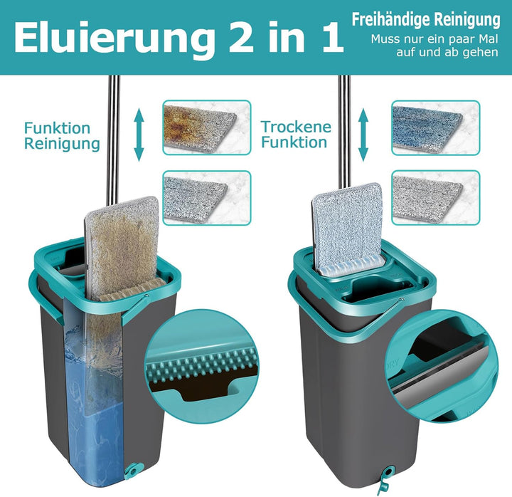 Masthome Wischmopp Set mit Eimer, Putzeimer mit Flachmopp und 6 Mikrofaser Wischpads, Edelstahl Grif