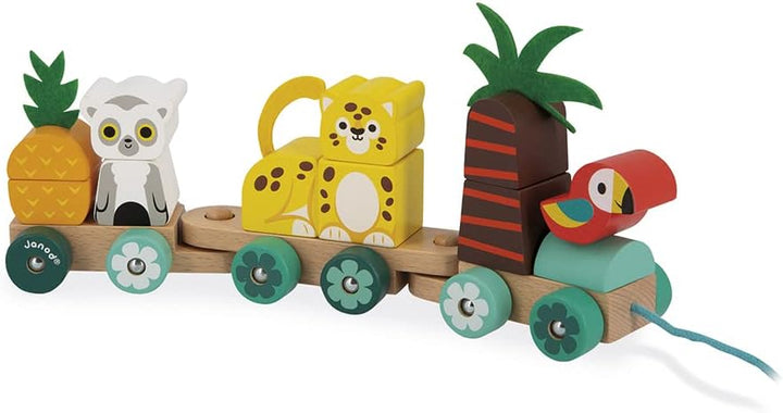 Janod - Tropischer Nachziehzug Tropik - Nachziehspielzeug aus Holz - 11 Teile + 3 Waggons - Lernspie