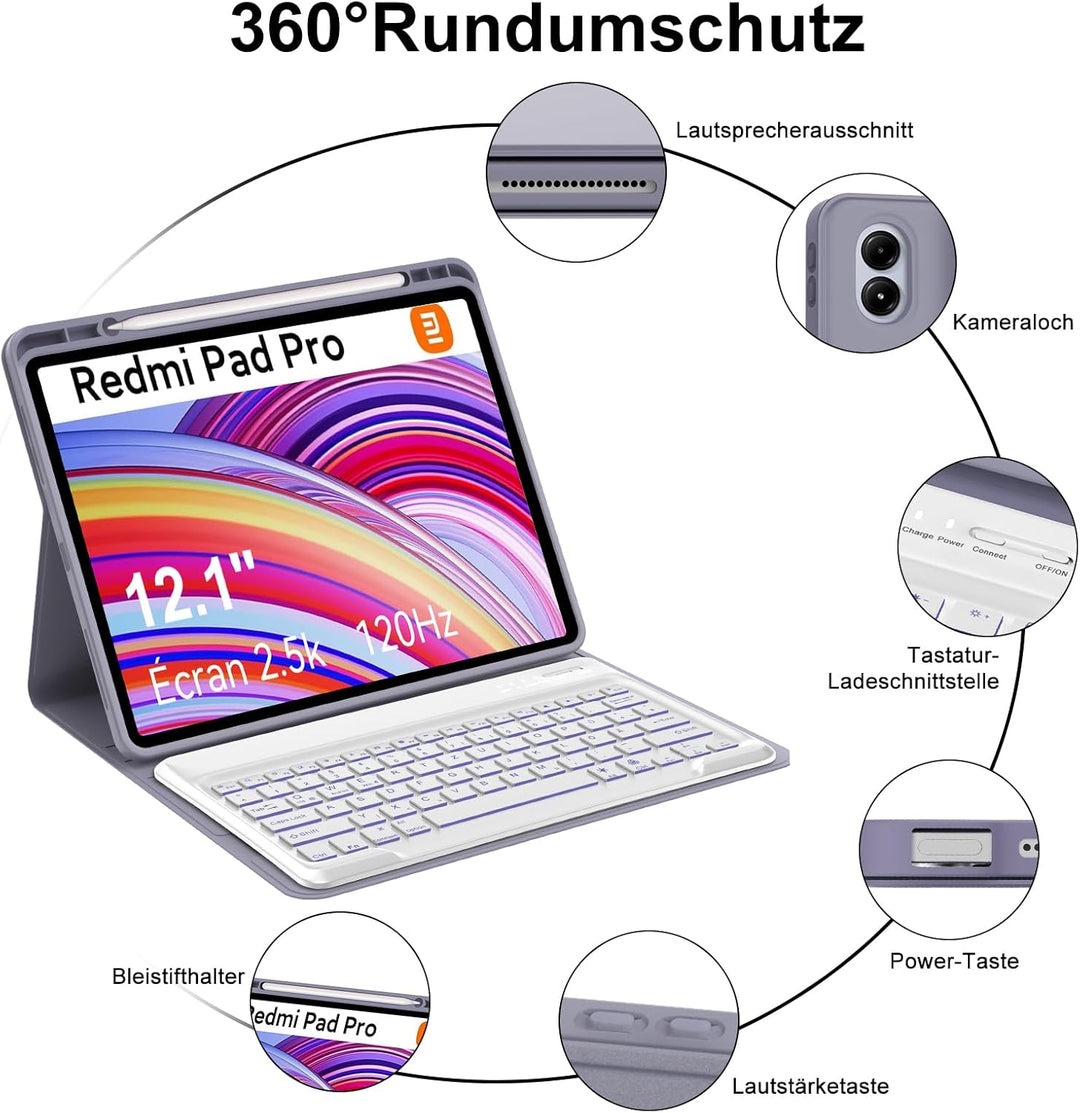 Xiaomi Redmi Pad Pro 12.1 Tastatur Hülle - Xiaomi Pad Poco 12.1 Zoll 2024, 7 Farben Beleuchtung Magn