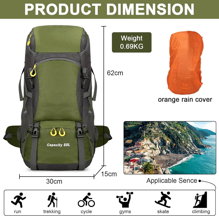 jianyana Wanderrucksack 50L Trekkingrucksack Regenhülle Reiserucksack Wasserdichter Campingrucksack