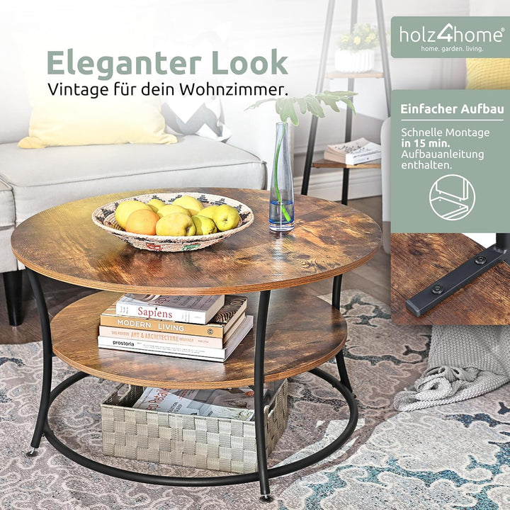 holz4home® Couchtisch Lillie runder Wohnzimmertisch | mit Ablage | einfache Montage | Industrial-Loo