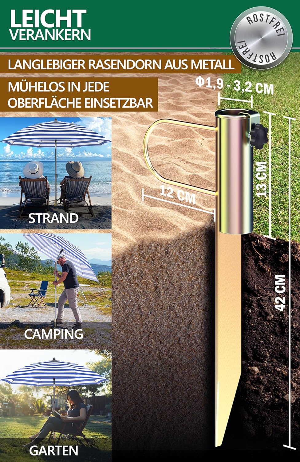 4smile Sonnenschirm Strand 3-IN-1 SET mit Rasendorn, Ø 180 cm, Blau-Weiss | Strandschirm windfest st
