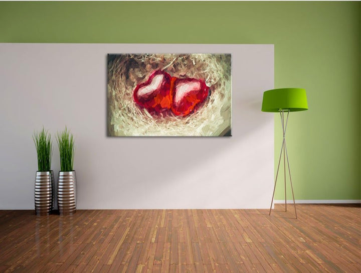 zwei Herzen Pinsel Effekt, Format: 100x70 auf Leinwand, XXL riesige Bilder fertig gerahmt mit Keilra