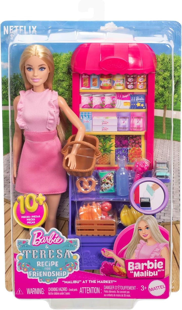 Barbie und Teresa Rezept für Freundschaft Modepuppe und Spielset, Malibu auf dem Markt mit 11 Zubehö