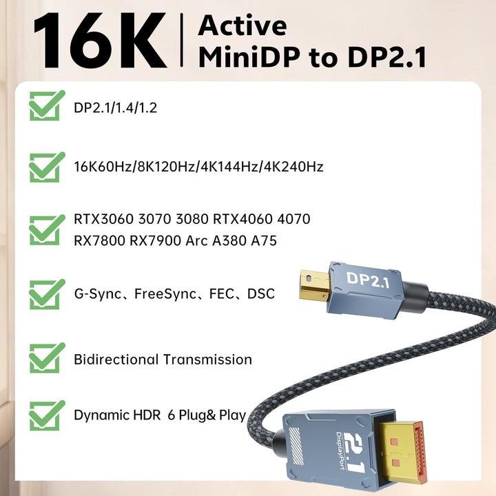 Mini DisplayPort auf DisplayPort 2.1 Kabel, Bi-Direktionale DP zu Mini DP [16K@60Hz, 8K@120Hz, 4K@14