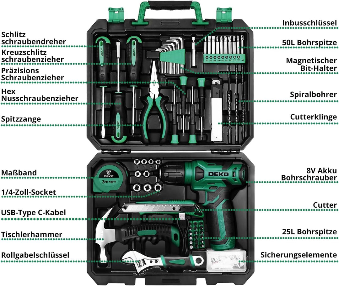 DEKO 126 Stück Elektrowerkzeug Combo Kits mit 8V Akku Bohrer, 10MM 3/8'' Keyless Chuck, Professionel