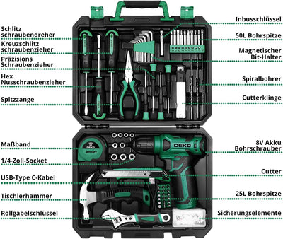 DEKO 126 Stück Elektrowerkzeug Combo Kits mit 8V Akku Bohrer, 10MM 3/8'' Keyless Chuck, Professionel