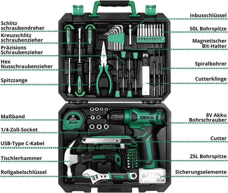 DEKO 126 Stück Elektrowerkzeug Combo Kits mit 8V Akku Bohrer, 10MM 3/8&