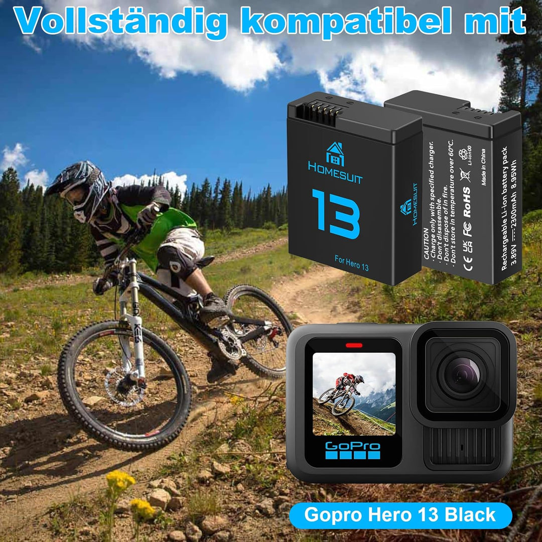 Homesuit Hero 13 Akku 2300mAh und LCD 3-Kanal USB Speicherladegerät für GoPro Hero 13 Black Enduro W
