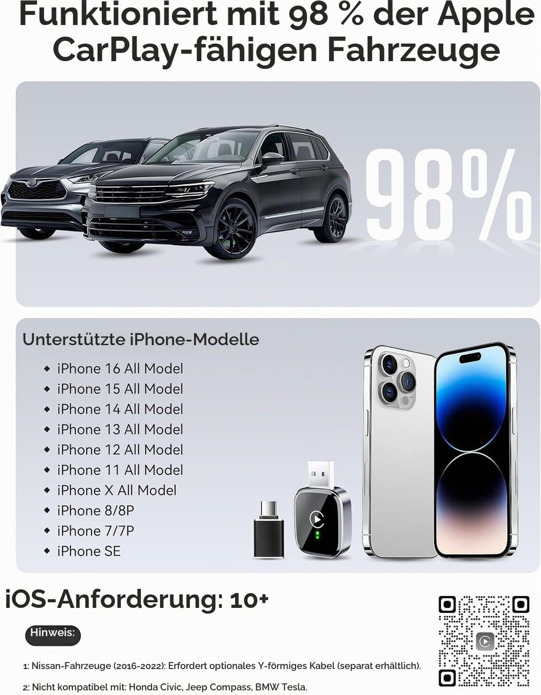 MZU CarPlay Wireless Adapter für iPhone – Upgrade auf kabelloses CarPlay, Plug &amp; Play, USB/Type-C, M