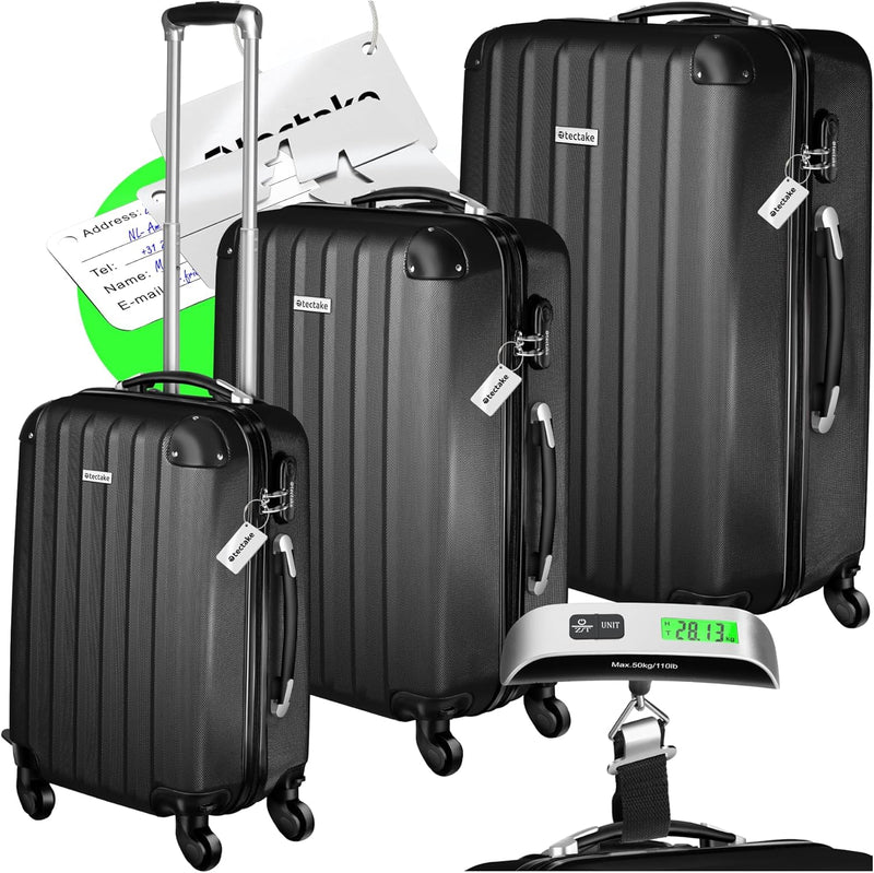 tectake® 3er Kofferset mit Kofferwaage & Kofferanhänger, Reisekoffer Set, ABS Hartschalenkoffer Set,